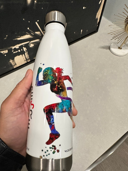 Stainless steel water bottle with woman running on it!