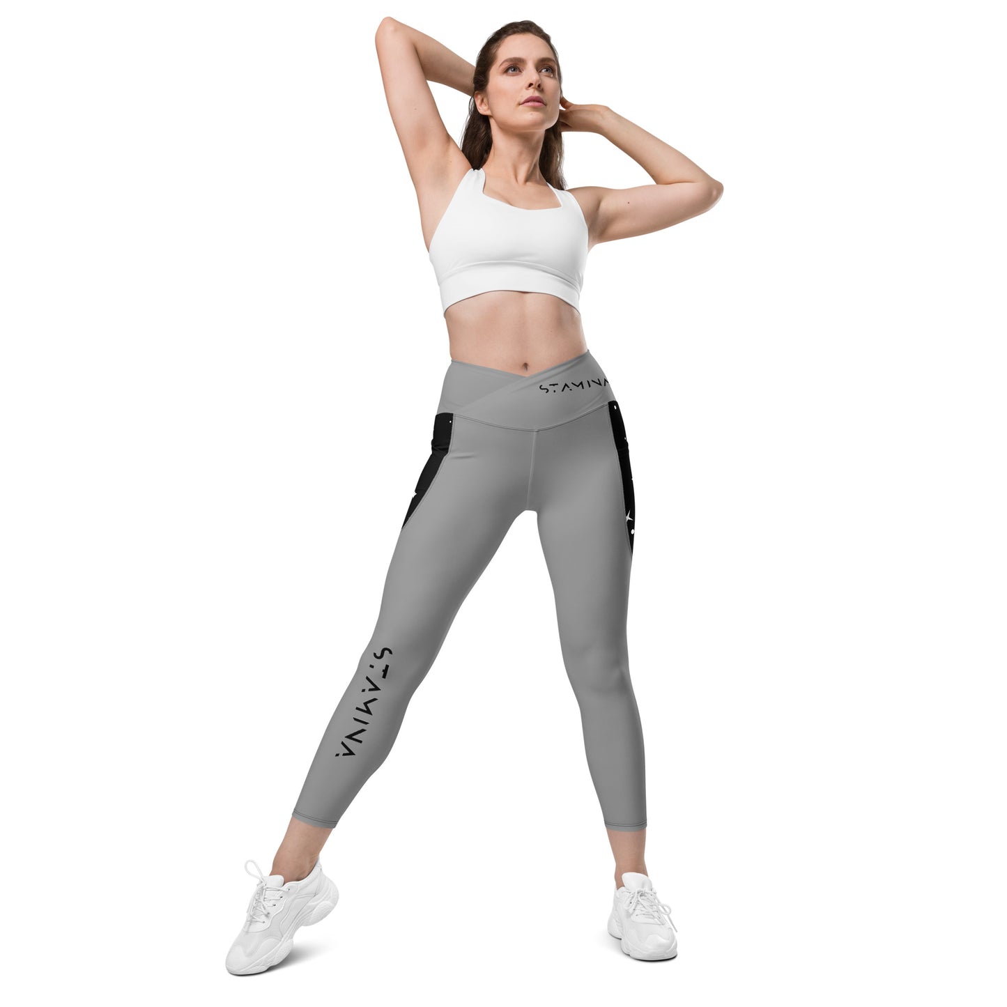 Grey Crossover leggings with pockets