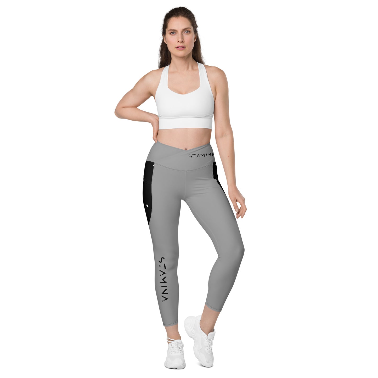 Grey Crossover leggings with pockets